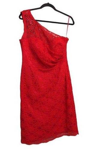 Oleg Cassini  Womens Sheath Dress Red One Shoulder Sleeveless Lace Party Sexy 8