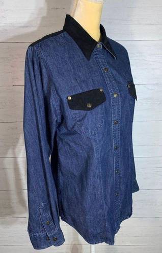 Harley Davidson Womens Harley-Davidson Blue Denim Snap Shirt Black Faux Suede Accents Size M