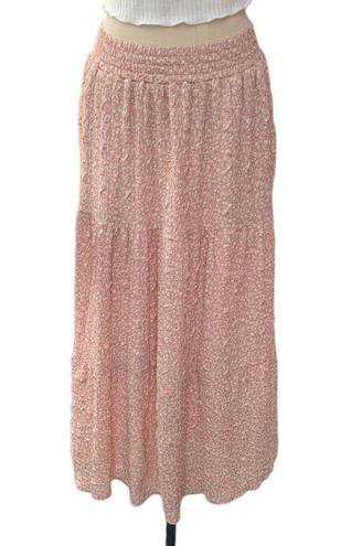 English Factory Blush Pink Smocked Waist Floral Tiered Crepe Maxi Skirt Med