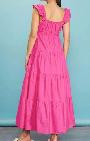 Free The Roses  NWT Flamingo Fuchsia Pink Poplin Tiered Ruffle Maxi Dress Small