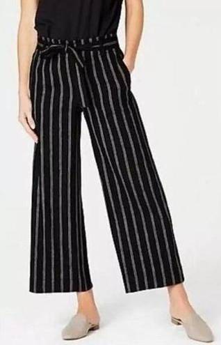 J.Jill  Pants Womens L Black Tan Stripe Linen Stretch Crop Wide Leg Paper Bag Tie