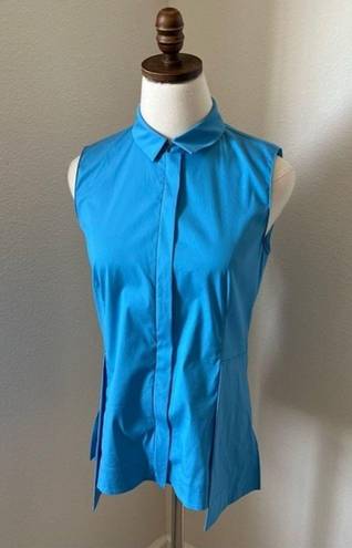 Akris EUC  Sleeveless Collared Cotton Blouse‎ Women S Concealed front Blue