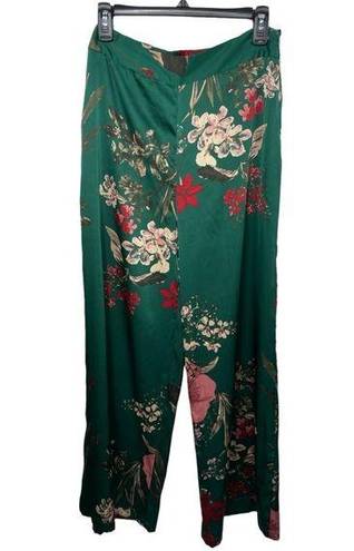 Lulus  Thriving Vibes Green Floral Print Satin Wide-Leg Pants size Medium