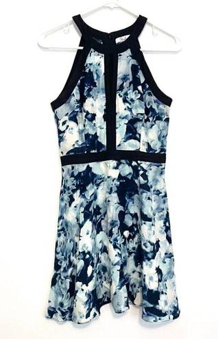 Parker  Nika Keyhole Dress Blue Floral Black Trim Sleeveless SILK Mini Fit Flare