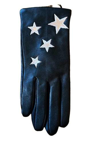 AQUA  Gloves Black Genuine Leather Lined Embroidered Stars Designer Medium NWT