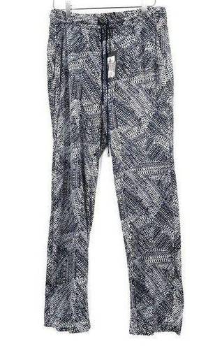 DKNY  Straight Leg Drapey Pants Printed Tie Pull On Navy Blue Ikat NWT SZ Medium