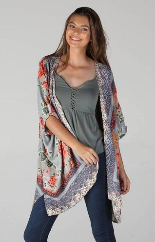 Angie [] Dove Gray Floral Print Flowy Open Front Kimono Cover-Up Boho Top Large L