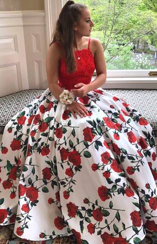 PromGirl Two Piece Red Floral Prom Dress