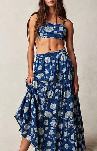 Rahi Pierre Floral Tiered High Rise Pleated Boho Cotton Maxi Skirt Blue Size L