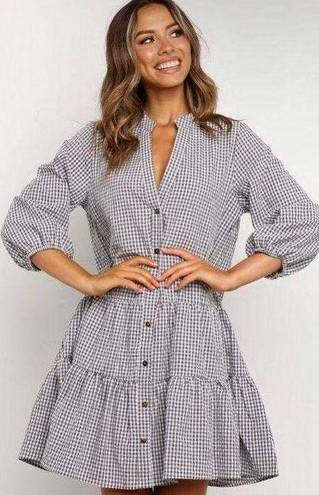 Women's Gingham Long Sleeve Button Down Casual Loose Flowy Swing Dress Black Size L