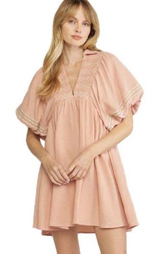 Entro V-Neck Gauze Embroidered Baby Doll Dress