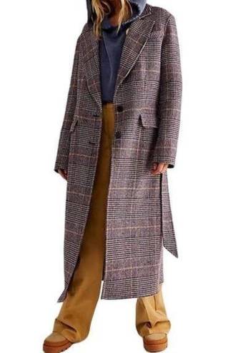 Free People  Menswear Hailey Wool Coat in Burgundy Houndstooth Check Size S NWOT