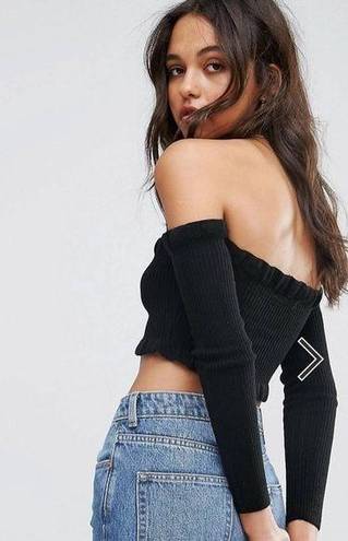 Debut Ruffle off shoulder crop ribbed knit long sleeve