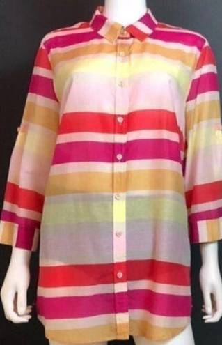 Coldwater Creek NEW NWT  Cotton Silk Stripe Shirt Pink 3/4 Sleeve Button Down MED