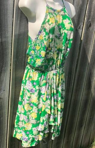 Rebecca Taylor  2 Silk Mini Dress XS Green Garden Floral Sleeveless Flutter