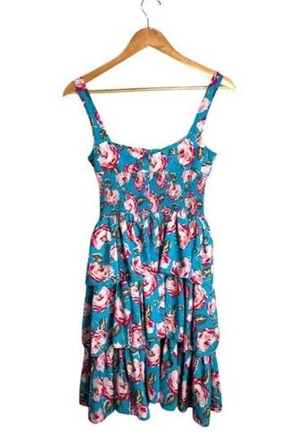 Betsey Johnson Floral Dress Ruffled Blue Pink Size 2 XS EUC