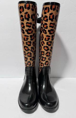 Coach  Tristee Leopard Animal Print Lace Up Knee High Rubber Rain Boots Size 7B