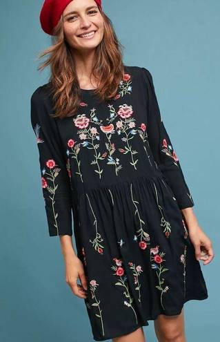 Wish Chic  Women's Relaxed Floral Embroidered Black Drop Swing Dress Tunic Sz M