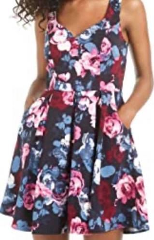 Trixxi Navy Blue Pink Floral Swing Mini Dress