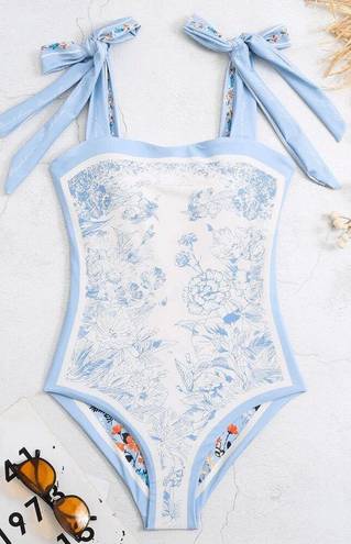 One Piece Vintage Light Blue Floral Print Reversible Tie-Shoulder  Swimsuit Large