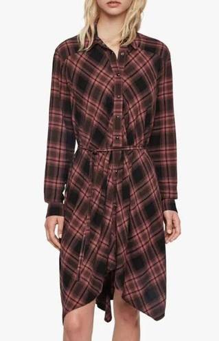 ALLSAINTS  Tala Red Check Plaid Asymmetric Hem Button Shirt Dress XS