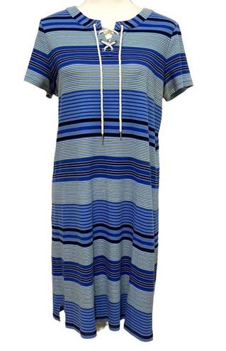 Talbots Shirt Dress Summer Cotton Knit Size Medium Blue Nautical Stripe