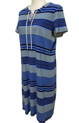 Talbots Shirt Dress Summer Cotton Knit Size Medium Blue Nautical Stripe