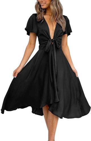 Satin V Neck Ruffle Short Sleeve Tie Front High Waist Midi A