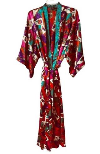 Frederick's of Hollywood  Maxi Kimono Robe Geometric Floral Satin Pockets Belted S