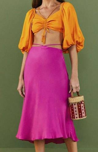 Farm Rio  MIDI Skirt in Fuschia Beaded Tassels ECOVERO Size XS NWT Banana Tag