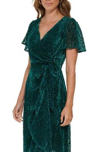 DKNY  Green Flutter Sleeve Faux Wrap Polkadot Dress