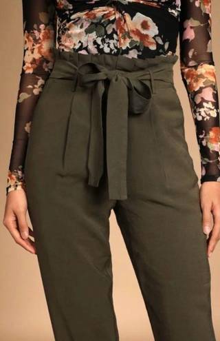 Lulus  Olive Green Outstanding Effort Cotton Blend Paperbag Waist Trouser Pants