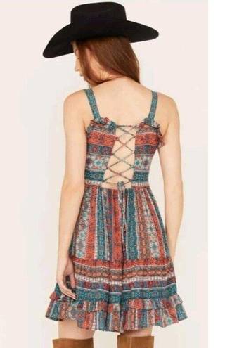 Angie  Womens Size Small Border Print Multi Tier Multi Color Lace Up Back Dress
