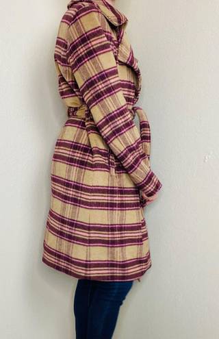 A New Day NWT  Carmel & Burgundy Plaid Long Waist Tie Wool Coat