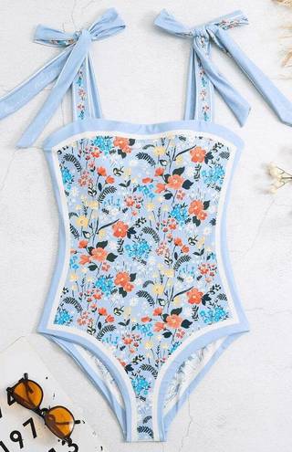 One Piece Vintage Light Blue Floral Print Reversible Tie-Shoulder  Swimsuit Large