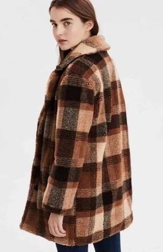 American Eagle  Outfitters Plaid Teddy Full Coat Oversize Brown Tan Lined Size L