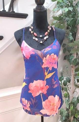 fab'rik  Women's Blue Floral 100% Polyester Scoop Neck Sleeveless Top Blouse Small