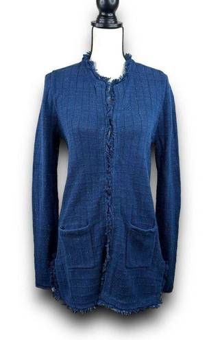 CAbi Duchess Longline Cardigan Sweater Blue Multicolor Flecks Frayed Edge Medium