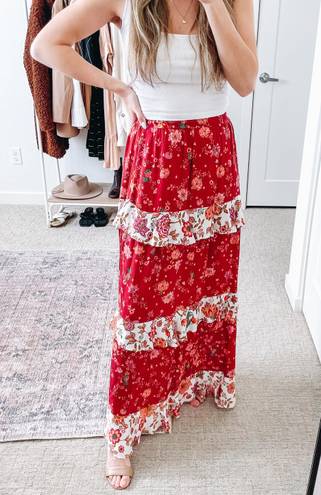 Farm Rio  Antrhopologie Red Ruffle Floral Maxi Skirt