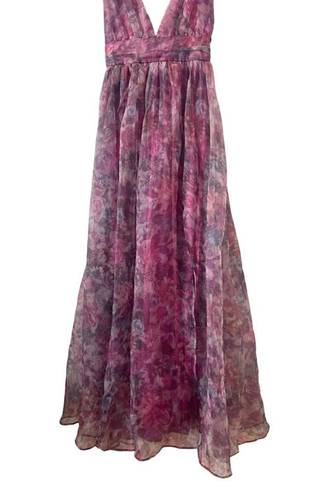 Lulus Lulu’s Garden Romance Magenta Floral Print Organza Maxi Dress Pink Purple XS