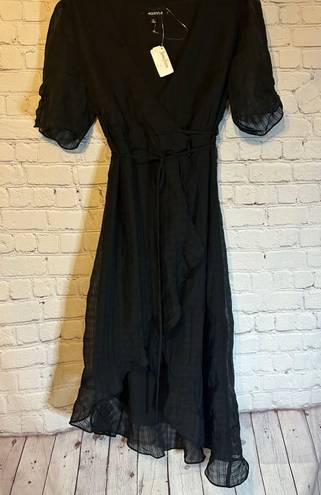 4S13NNA 4SI3NNA Womens Valerie Ruffle Hem Wrap Black Dress Short Puff Sleeves L