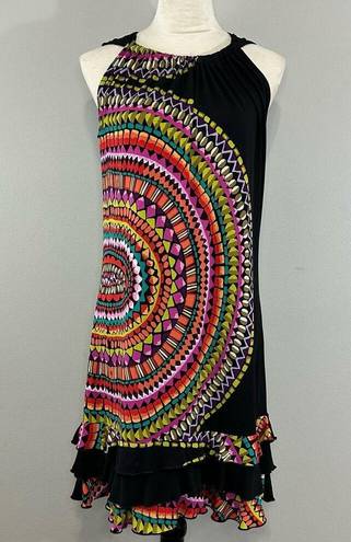 Tiana B  Black Colorful Mosaic Sunset Print Ruffle Hem Sleeveless Dress Sz S