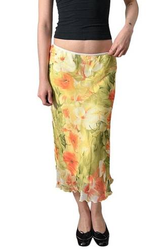 vintage 90s y2k yellow floral print layered mesh lettuce hem midi maxi skirt