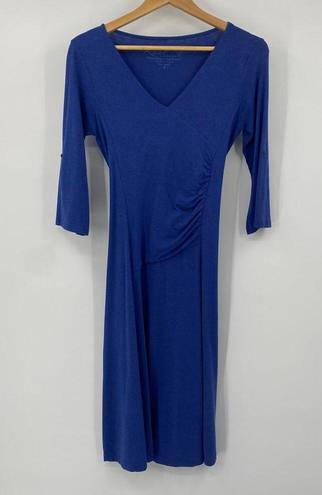 Kuhl  Organic Cotton Jersey Knit Salza Dress Ruched Bodice Tie Belt V Neck Blue S
