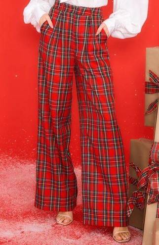 Aura Red Dress Boutique  Coming Together Red Multi Plaid Wide Leg Pants L NWT