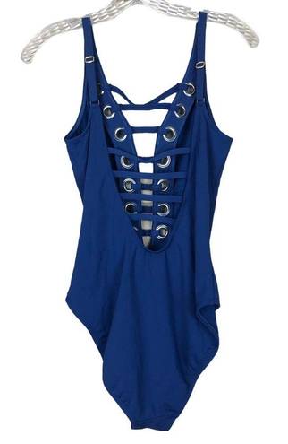 Bleu Rod Beattie  Swimsuit Sz 10 One Piece Blue Strappy Lace Up Beach