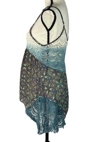 Gimmicks by BKE  Small Boho Tank Top Abstract Crochet Accents Semi-Sheer Multi