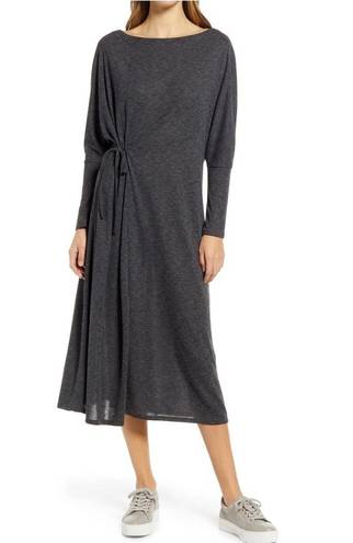 Caslon New  Cozy Knit Long Sleeve Wrap Dress Side Tie Midi Charcoal Grey