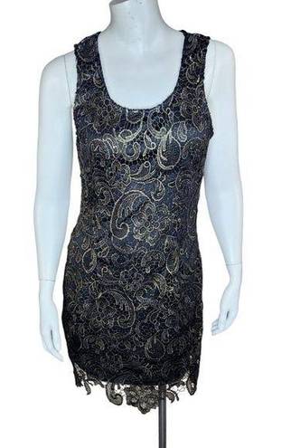 Sans Souci  Womens Small Black Gold Floral Overlay Sleeveless Midi Cocktail Dress