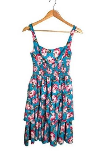 Betsey Johnson Floral Dress Ruffled Blue Pink Size 2 XS EUC